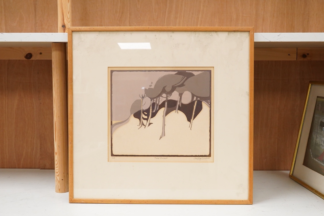 Geoffrey Lintott (20th. C), 'Pine dunes', signed in pencil, limited edition 1/10, linocut, 25.5 x 28.5cm